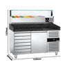 Commercial Pizza Prep Counter - Granite Top PREMIUM - 1500x800mm - with 1 doors & 7 drawers - incl. refrigerated topping unit with glass sneeze guard LED - 7x GN 1/4