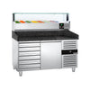 Commercial Pizza Prep Counter - Granite Top PREMIUM - 1500x800mm - with 1 doors & 7 drawers - incl. refrigerated topping unit with glass sneeze guard LED - 7x GN 1/4