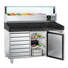 Commercial Pizza Prep Counter - Granite Top PREMIUM - 1500x800mm - with 1 doors & 7 drawers - incl. refrigerated topping unit with glass sneeze guard LED - 7x GN 1/4