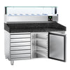 Commercial Pizza Prep Counter - Granite Top PREMIUM - 1500x800mm - with 1 doors & 7 drawers - incl. refrigerated topping unit with glass sneeze guard LED - 7x GN 1/4