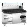 Commercial Pizza Prep Counter - Granite Top PREMIUM - 1500x800mm - with 1 doors & 7 drawers - incl. refrigerated topping unit with glass sneeze guard LED - 7x GN 1/4