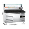 Commercial Pizza Prep Counter - Granite Top PREMIUM - 1500x800mm - with 1 doors & 7 drawers - incl. refrigerated topping unit with glass sneeze guard LED - 6x GN 1/3