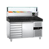 Commercial Pizza Prep Counter - Granite Top PREMIUM - 1500x800mm - with 1 doors & 7 drawers - incl. refrigerated topping unit with glass sneeze guard LED - 6x GN 1/3