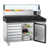 Commercial Pizza Prep Counter - Granite Top PREMIUM - 1500x800mm - with 1 doors & 7 drawers - incl. refrigerated topping unit with glass sneeze guard LED - 6x GN 1/3