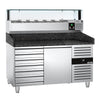 Commercial Pizza Prep Counter - Granite Top PREMIUM - 1500x800mm - with 1 doors & 7 drawers - incl. refrigerated topping unit with glass sneeze guard LED - 6x GN 1/3