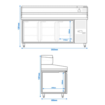 Stół chłodniczy do pizzy PREMIUM - 2000x800mm - z 3 drzwiami - włącznie z witryną chłodniczą nadstawną - 10x GN 1/4 - Prime Gastro