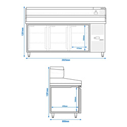 Stół chłodniczy do pizzy PREMIUM - 2000x800mm - z 3 drzwiami - włącznie z witryną chłodniczą nadstawną - 9x GN 1/3