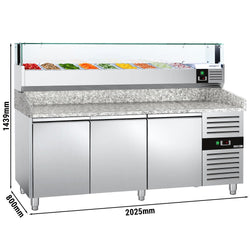 Stół chłodniczy do pizzy PREMIUM - 2000x800mm - z 3 drzwiami - włącznie z witryną chłodniczą nadstawną LED - 9x GN 1/3