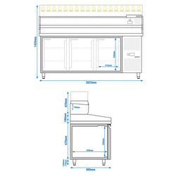 Stół chłodniczy do pizzy PREMIUM - 2000x800mm - z 3 drzwiami - włącznie z witryną chłodniczą nadstawną LED - 10x GN 1/4