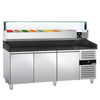 Commercial Pizza Prep Counter - Granite Top PREMIUM - 2000x800mm - with 3 doors - incl. refrigerated topping unit with glass sneeze guard LED - 9x GN 1/3