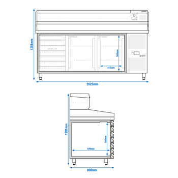 Stół chłodniczy do pizzy PREMIUM - 2000x800mm - z 2 drzwiami i 7 szufladami - włącznie z witryną chłodniczą nadstawną - 9x GN 1/3 - Prime Gastro