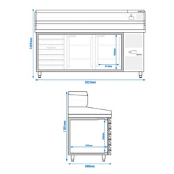 Stół chłodniczy do pizzy PREMIUM - 2000x800mm - z 2 drzwiami i 7 szufladami - włącznie z witryną chłodniczą nadstawną - 9x GN 1/3