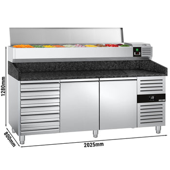 Stół chłodniczy do pizzy PREMIUM - 2000x800mm - z 2 drzwiami i 7 szufladami - włącznie z witryną chłodniczą nadstawną - 10x GN 1/4 - Prime Gastro