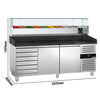 Commercial Pizza Prep Counter - Granite Top PREMIUM - 2025x800mm - with 2 doors & 7 drawers - incl. refrigerated topping unit with glass sneeze guard - 9x GN 1/3