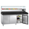 Commercial Pizza Prep Counter - Granite Top PREMIUM - 2025x800mm - with 2 doors & 7 drawers - incl. refrigerated topping unit with glass sneeze guard - 9x GN 1/3