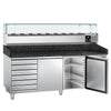 Commercial Pizza Prep Counter - Granite Top PREMIUM - 2025x800mm - with 2 doors & 7 drawers - incl. refrigerated topping unit with glass sneeze guard - 9x GN 1/3