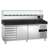 Commercial Pizza Prep Counter - Granite Top PREMIUM - 2025x800mm - with 2 doors & 7 drawers - incl. refrigerated topping unit with glass sneeze guard - 9x GN 1/3