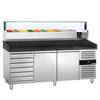 Commercial Pizza Prep Counter - Granite Top PREMIUM - 2025x800mm - with 2 doors & 7 drawers - incl. refrigerated topping unit with glass sneeze guard LED - 10x GN 1/4
