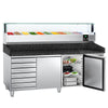 Commercial Pizza Prep Counter - Granite Top PREMIUM - 2025x800mm - with 2 doors & 7 drawers - incl. refrigerated topping unit with glass sneeze guard LED - 10x GN 1/4