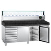 Commercial Pizza Prep Counter - Granite Top PREMIUM - 2025x800mm - with 2 doors & 7 drawers - incl. refrigerated topping unit with glass sneeze guard LED - 10x GN 1/4