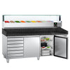 Commercial Pizza Prep Counter - Granite Top PREMIUM - 2025x800mm - with 2 doors & 7 drawers - incl. refrigerated topping unit with glass sneeze guard LED - 9x GN 1/3