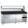 Commercial Pizza Prep Counter - Granite Top PREMIUM - 2025x800mm - with 2 doors & 7 drawers - incl. refrigerated topping unit with glass sneeze guard LED - 9x GN 1/3