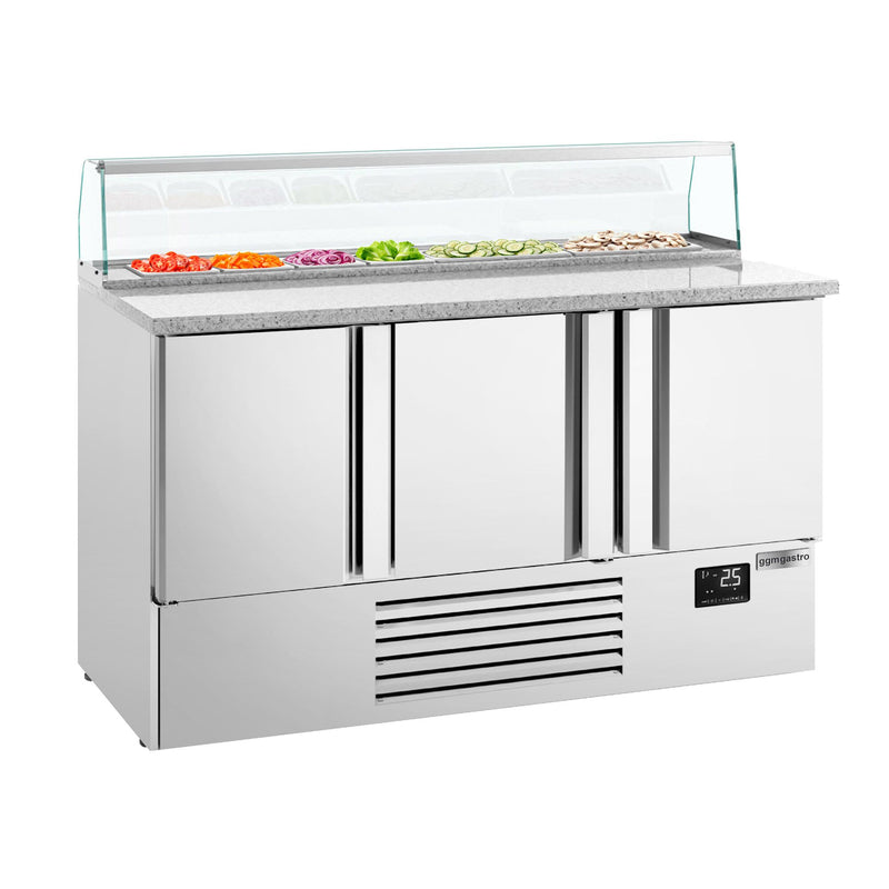 Stół chłodniczy sałatkowy PREMIUM PLUS - 1460mm - 355L - 3 drzwi - z nadstawką szklaną - blat roboczy z czarnego granitu
