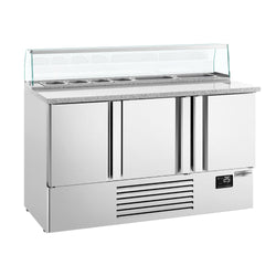 Stół chłodniczy sałatkowy PREMIUM PLUS - 1460mm - 355L - 3 drzwi - z nadstawką szklaną - blat roboczy z czarnego granitu
