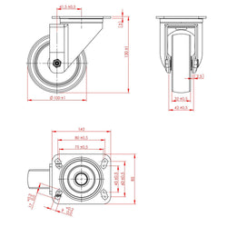 (6 szt.) Zestaw kółek - 2 z hamulcem, 4 bez hamulca - 100x85x130mm - Ø 100mm - kompatybilny z BGKF, GTF, KTF, KTGFF, KUF, ZTSF