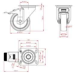 Zestaw kółek - 2 z hamulcem, 3 bez hamulca - 100x85x130mm - Ø 100mm - kompatybilny z BGKF, BKTF, BLF, GTF, KSF, KTF, KUF, POF, TF, TKSF, ZTSF