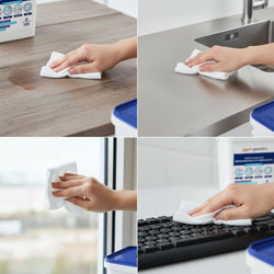 (1 sztuka) – dozownik chusteczek czyszczących z 400 jednorazowymi chusteczkami nawilżanymi – pojedyncze pobieranie chusteczek – w zestawie 3 opakowania uzupełniające po 400 chusteczek