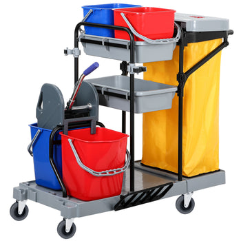 Wózek do sprzątania – z 4 pojemnikami, wyżymaczką do mopów i workiem na pranie – szary - Prime Gastro