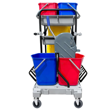 Wózek do sprzątania – z 4 pojemnikami, wyżymaczką do mopów i workiem na pranie – szary - Prime Gastro