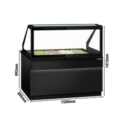 Commercial Saladette Counter TORONTO - 1250mm - 800L - Black Front - 2 doors - with square glass canopy for 3 x GN 1/1 & 1 shelf - black granite worktop