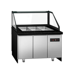 Commercial Saladette Counter TORONTO - 1250mm - 800L - Black Front - 2 doors - with square glass canopy for 3 x GN 1/1 & 1 shelf - black granite worktop