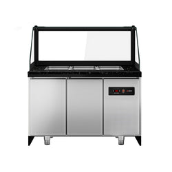 Commercial Saladette Counter TORONTO - 1250mm - 800L - Black Front - 2 doors - with square glass canopy for 3 x GN 1/1 & 1 shelf - black granite worktop