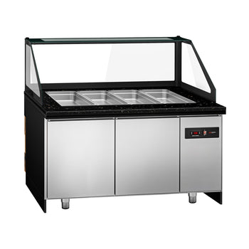 Stół Sałatkowy TORONTO - 1500 mm - drewniany panel przedni - 2 drzwi - dla 4x GN 1/1 - blat roboczy kuchenny z czarnego granitu - Prime Gastro