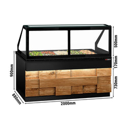 Stół Sałatkowy TORONTO - 2000 mm - drewniany panel przedni - 3 drzwi - do 5x GN 1/1 - blat roboczy kuchenny z czarnego granitu