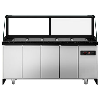 Stół Sałatkowy TORONTO - 2000 mm - drewniany panel przedni - 3 drzwi - do 5x GN 1/1 - blat roboczy kuchenny z czarnego granitu - Prime Gastro