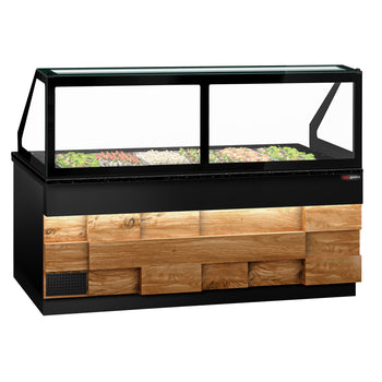 Stół Sałatkowy TORONTO - 2550 mm - drewniany panel przedni - 4 drzwi - dla 6x GN 1/1 - blat roboczy kuchenny z czarnego granitu - Prime Gastro