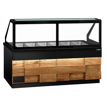 Stół Sałatkowy TORONTO - 2550 mm - drewniany panel przedni - 4 drzwi - dla 6x GN 1/1 - blat roboczy kuchenny z czarnego granitu - Prime Gastro