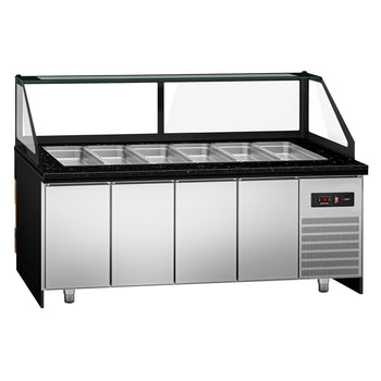 Stół Sałatkowy TORONTO - 2550 mm - drewniany panel przedni - 4 drzwi - dla 6x GN 1/1 - blat roboczy kuchenny z czarnego granitu - Prime Gastro