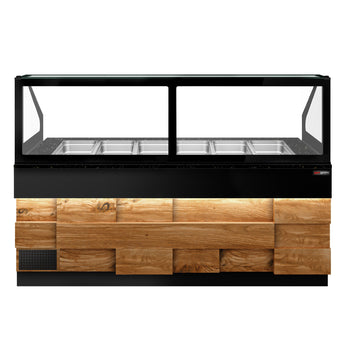 Stół Sałatkowy TORONTO - 2550 mm - drewniany panel przedni - 4 drzwi - dla 6x GN 1/1 - blat roboczy kuchenny z czarnego granitu - Prime Gastro