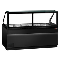 Commercial Saladette Counter TORONTO - 2550mm - Black Front - 4 doors - with square glass canopy for 6 x GN 1/1 & 1 shelf - black granite worktop