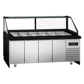 Stół Sałatkowy TORONTO - 2550mm - 4 drzwi - dla 6x GN 1/1 - czarny panel przedni - czarny granitowy blat roboczy kuchenny - Prime Gastro