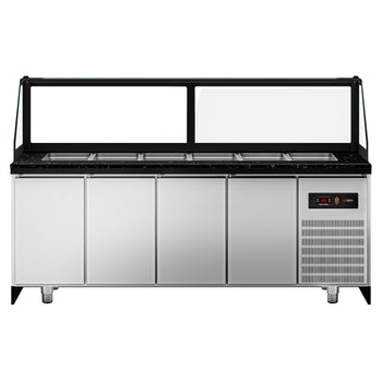 Stół Sałatkowy TORONTO - 2550mm - 4 drzwi - dla 6x GN 1/1 - czarny panel przedni - czarny granitowy blat roboczy kuchenny - Prime Gastro