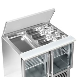 Stół chłodniczy sałatkowy PREMIUM - 903mm- 240L - 2 drzwi szklane - z otworem na 2x GN 1/1 & 3x GN 1/6 - pokrywa ze stali nierdzewnej