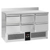 Stół chłodniczy PREMIUM - 1365x700mm - 368L - front Czarny - z 6 szufladami - z tylnym rantem i wyświetlaczem temperatury