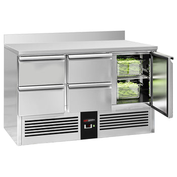 Stół chłodniczy PREMIUM - 1370x700 mm - 1 drzwi, 4 szuflady & panel tylny - Prime Gastro