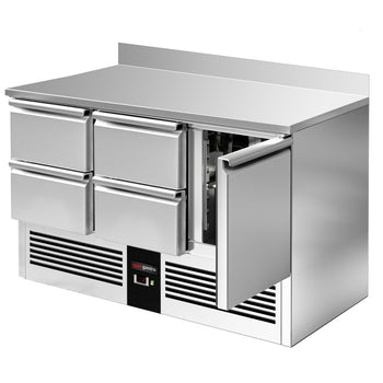 Stół chłodniczy PREMIUM - 1370x700 mm - 1 drzwi, 4 szuflady & panel tylny - Prime Gastro